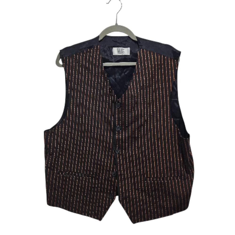 City Streets Men’s Black Orange Pinstripe‎ Button Front Vest Vintage Formal